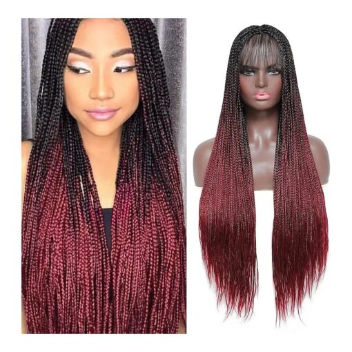 Box Braided Wigs for Black Women Burgundy Red 30" Long Micro Braids Wigs with Bang Synthetic Heat Resistant Fiber Small Braids ( Fake Scalp Wig, 1b/burg )