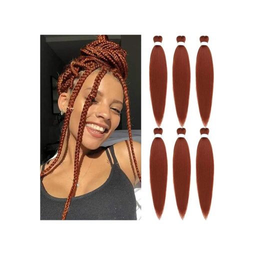 Ginger Braiding Hair Pre Stretched 26 Inches Copper EZ Braiding Hair Yaki Texture 6 Packs/Lot Braids Hot Water Setting Professional Synthetic Braiding Hair for Box Crochet Hair Extensions ( # 350 )