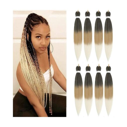 Ombre Braiding Hair Pre Stretched 26 Inch Brown Blonde Braiding Hair 8 Packs Easy Braids Hair Yaki Straight Hot Water Setting Synthetic Braiding Hair Extensions for Crochet Hair Braiding Twist