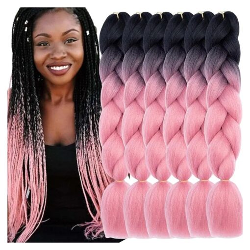 6 Packs 24 Inch Braiding Hair Extensions for Women Kanekalon Braiding Hair Ombre Jumbo Braiding Hair Extensions High Temperature Synthetic Braiding Hair for Twist Crochet Braids ( 6 Packs 24", Black to Rouge Pink )