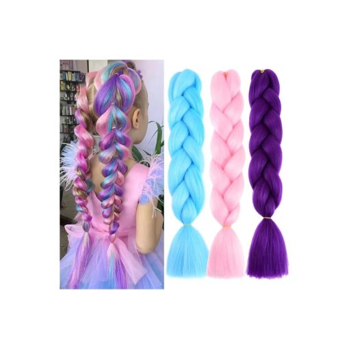 3 Pack Colored Braiding Hair 24 Inch Colorful Braiding Hair for Braids Synthetic Colored Hair Extensions for Braiding purple/sky blue/pink M4