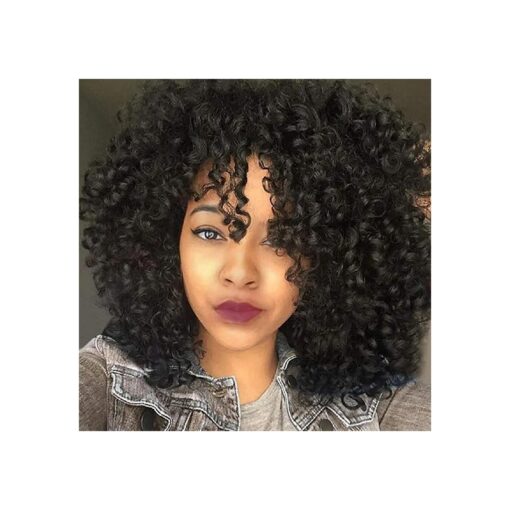 Curly Wigs for Black Women - Afro Curly Wig with Bangs Natural Black Hair Synthetic Heat Resistant Full Wigs with 1 Wig Comb and 4pcs Wig Caps