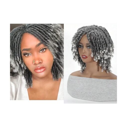 Short Dreadlock Wigs for Women and Men, Ombre Silver Gray Afro Curly Twist Braid Glueless Wig Synthetic Heat Resistant Hair Breathable Wigs ( T1B/Grey )