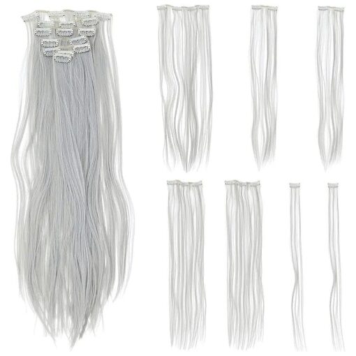 SWACC 7 Pcs Full Head Party Highlights Clip on in Hair Extensions Colored Hair Streak Synthetic Hairpieces ( 22-Inch Straight, Silver )