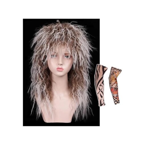 FantaLook Long Cruly 80s Wig with 2 Tattoo Sleeves for Women