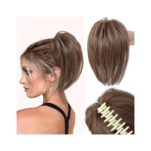 Light Ash Brown Synthetic Fiber Wig, Messy Bun Hair Piece Claw Clip, Easy to Wear and Remove