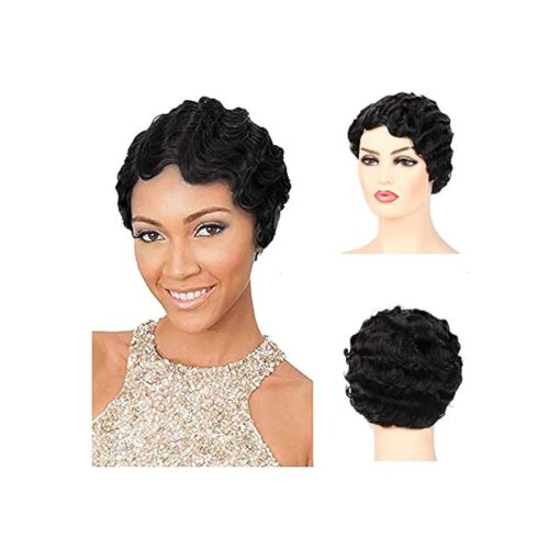 Baruisi Black Short Nuna Wigs Pixie Wigs for Women Synthetic Finger Wave Curly Hair Wig