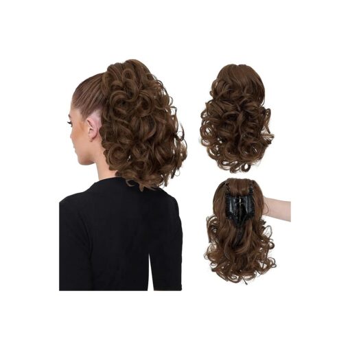 S-noilite 12" Short Curly Claw Ponytail Extension Clip In On Hairpiece With Jaw/Claw Synthetic Fluffy Pony Tail One Piece ( 12" curly, light brown )