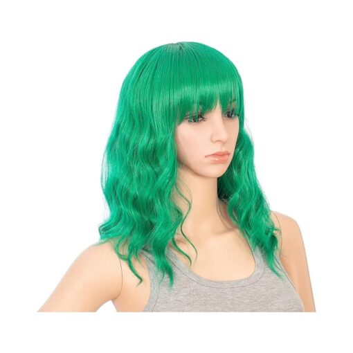 SWACC Short Curly Wavy Bob Wig with Bangs Synthetic Medium Shoulder Length Hair Wig for Women with Wig Cap ( Green )