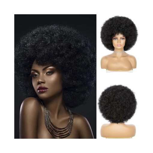 Afro Wig - Soft Afro Wig 70s For Women Afro Kinky Curly Hair Wigs With Bangs Natural Looking Short Afro Curly Wig For Men Bouncy Black Afro Puff Wig Synthetic Hair Big Afro Wig For Daily Party Use