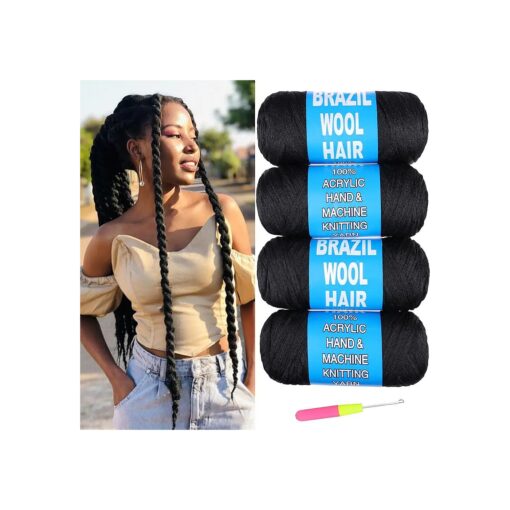 4 Pcs Natural Black Brazilian Wool Hair for Braiding Hair Acrylic Yarn Crochet Box Braids Senegalese Twist Jumbo Braids Faux Locs Crochet Hair for Women Synthetic Braiding Hair Extensions ( # 1B )