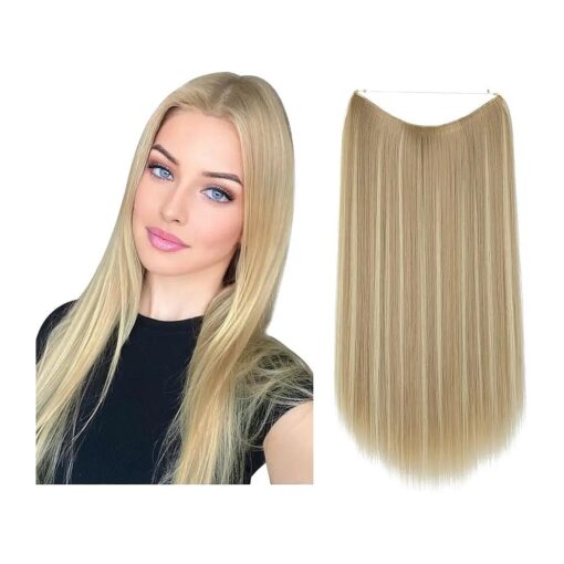 SARLA Invisible Wire Hair Extensions Straight Short Synthetic Hairpieces 14 Inch Adjustable Transparent Headband for Women Dirty Blonde