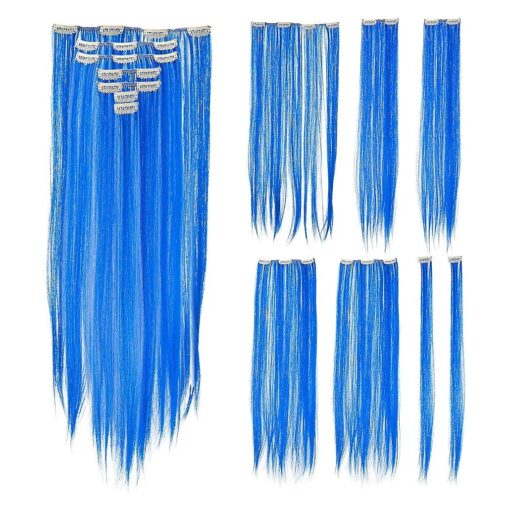 SWACC 7 Pcs Full Head Party Highlights Clip on in Hair Extensions Colored Hair Streak Synthetic Hairpieces ( 22-Inch Straight, Blue )