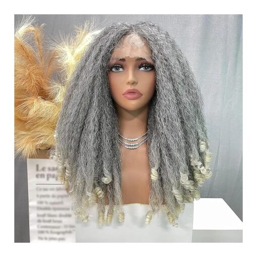 SOKU Crimp to Curl Lace Front Wig Synthetic T Part 20 Inch Grey to Blonde Afro Kinky Straight with Curly End Wigs Pre-plucked Transparent Lace with Baby Hair Yaki Straight Wigs for Women