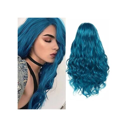 Baruisi Long Curly Wavy Blue Wigs for Women Natural Looking Middle Part Synthetic Heat Resistant Fiber Cosplay Replacement Wig