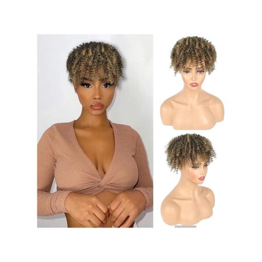 Matthia Brown Curly Hair Topper for Women with Bangs Wiglets Hairpieces for Thinning Hair, Synthetic Short Afro Kinky Curly Clip in Bangs Hair Toppers Hair Pieces for Black Women Hair Topper ( 1B/27 # )