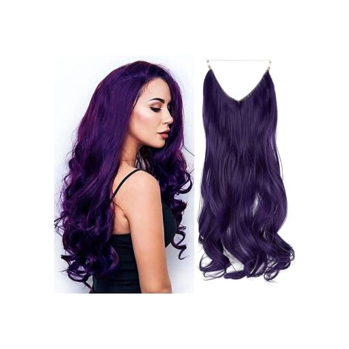 Colored Hair Extensions Deep Purple Curly Long Synthetic Hairpiece 20 Inch 4.4 Oz Hidden Wire Headband for Women Party Heat Resistant Fiber No Clip