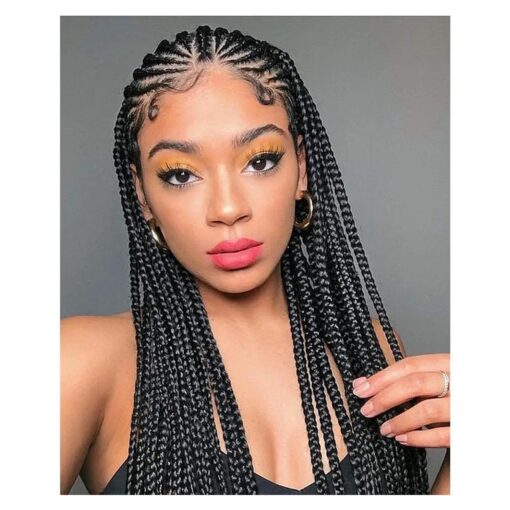 Black Micro Braids Synthetic Lace Front Wigs for Black Women with Baby Hair Cornrows Half Box Braided Wigs Heat Friendly African Hair 24 Inch ( 24 Inch/Lace Front Wigs, Black )