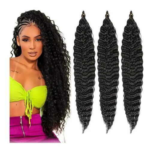 30 Inch Ocean Wave Crochet Hair Extensions for Women 3 Packs/Lot Deep Ripple Crochet Twist Braiding Hair Curly Synthetic Braids Hair ( 30" Natural black )