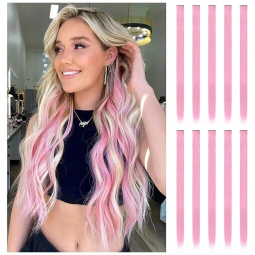 FESHFEN Colored Pink Clip in Hair Extensions, 10 PCS Pink Hairpieces Highlight Colorful Straight Synthetic Clip in Hair Pieces for Women Grils, 22 inch