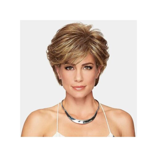 MIMAN Short Brown Pixie Cut Wig Short Hair Wigs with Bangs Mixed Blonde Highlight Layered Fluffy Synthetic Hair Replacement Wig for Women Halloween Costumes Wigs