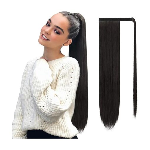 SOFEIYAN Long Straight Ponytail Extension 24 inch Wrap Around Ponytail Synthetic Hair Extensions Clip in Ponytail Hairpiece for Women, Darkest Brown Tend to Black