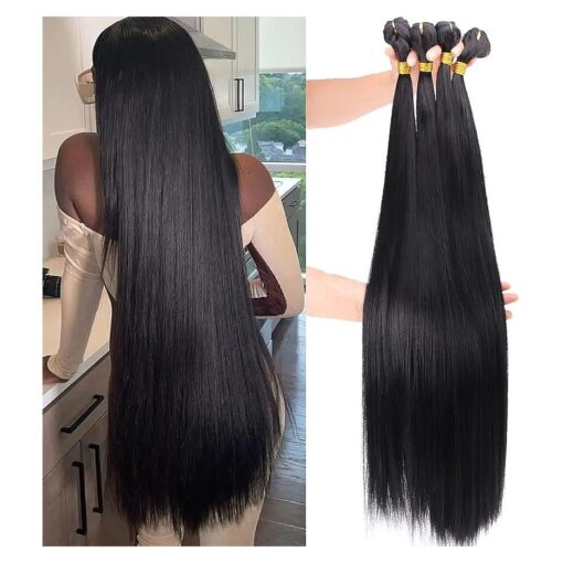 Synthetic Straight Hair Weave 4 Bundles 30 Inches Color Black Heat Resistant Fiber Hair Extensions for Black Women