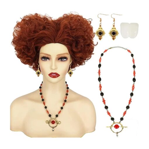 Mildiso Winifred Sanderson Wig Costume Women with Earrings + Teeth + Necklace Short Curly Wavy Hair Wig with Wig Caps Cute Colored Synthetic Wig for Party Halloween M112BR