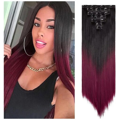 24 Inch Wavy Curly Full Head Clip in on Double Weft Hair Extensions 7Pcs 16 Clips in Synthetic Hair Extensions Natural Black Mix Silver Grey ( 160G/Set )