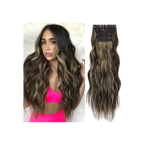 OMGREAT Clip In Extensions 4Pcs 20Inch Hair Extensions with Clips, Synthetic Wavy Hair Extensions, Clip-In Hairpiece, Chocolate Brown mix Caramel Blonde #