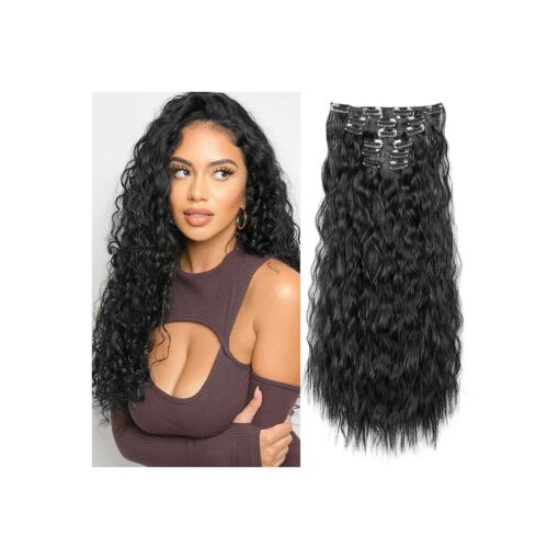 YOGFIT Clip in Long Wavy Synthetic Hair Extension 24 Inch 6PCS Balayage Black Thick Hairpieces Natural Soft Synthetic Fiber Double Weft for Women