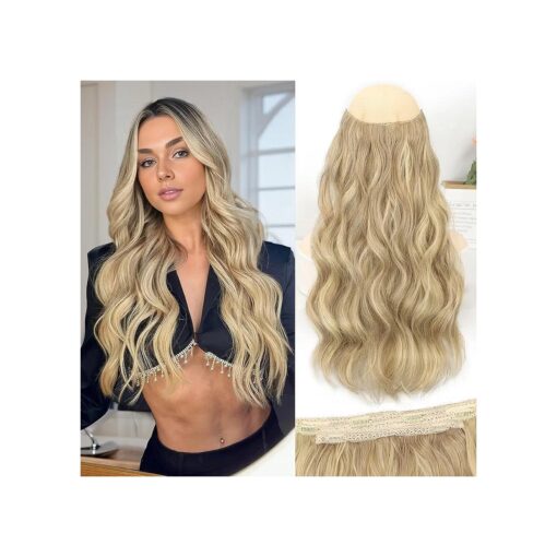 KooKaStyle Invisible Wire Hair Extensions Long Wavy Transparent Wire Hairpiece for Women Adjustable Size 6 Secure Clips 20 Inch Dirty Blonde