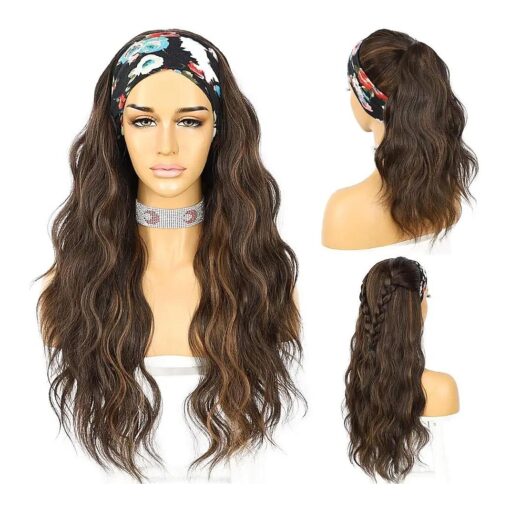 SAPPHIREWIGS Headband Wig Loose Body Wavy Glueless Synthetic Hair Wigs for Black Women Wave None Lace Front Wigs Mix Brown Color Headband Wigs 150 % Density 26inches