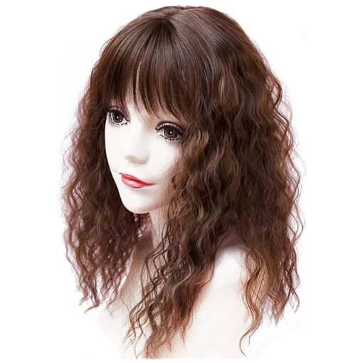 Yanamy Hair Topper Hairpieces with Bangs for Women, Clip on Curly Wavy Synthetic Top Wiglet Hairpieces for Thinning Hair ( 14" Thick Light Brown )