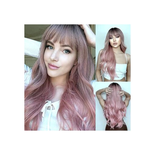 Long Pink Wig with bangs For Women Ombre Black To Pink Synthetic Body Wavy Wig Middle Part Dark Roots Layered Hair Natural Heat Resistant Fiber Wig For Daily Cosplay Party Costume 24 Inch