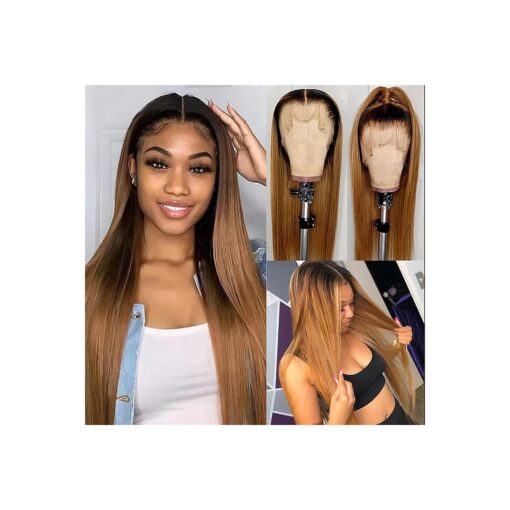 Spotlight Ombre Brown 13x4x1 Straight Lace Front Wigs Human Hair 18 Inch T-Part HD Lace Front Wigs for Black Women 100 % Brazilian Virgin Human Hair Wigs 150 % Density TT1B/30 Color