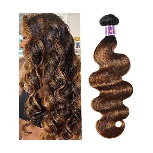 UNice Ombre Brown Highlight Body Wave Human Hair Weave 1 bundle 8 inch, Brazilian Remy Hair Dark Root Blonde Human Hair Weaves Extension Piano Color TFB30