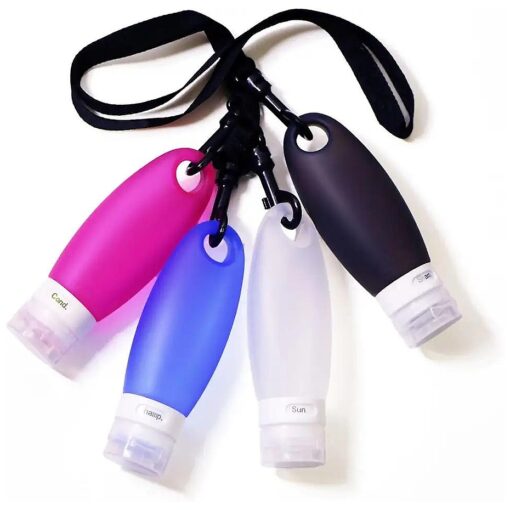 Portable Silicone Squeezable Bottles Refillable Cosmetic Gym Containers Travel TSA Approved Tube Set with Shower Lanyard for Shampoo Lotion ( 3.3 oz, Pack of 4 )