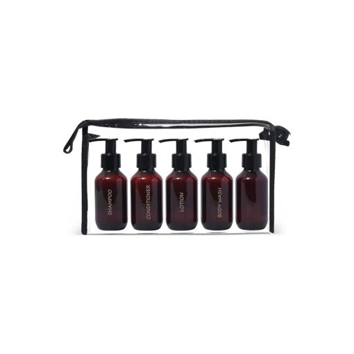 3 oz, Refillable Amber Plastic Travel Bottles Set of 5 w Pumps - Gold Printed Shampoo, Conditioner, Body Wash, Lotion + Other - TSA-Compliant