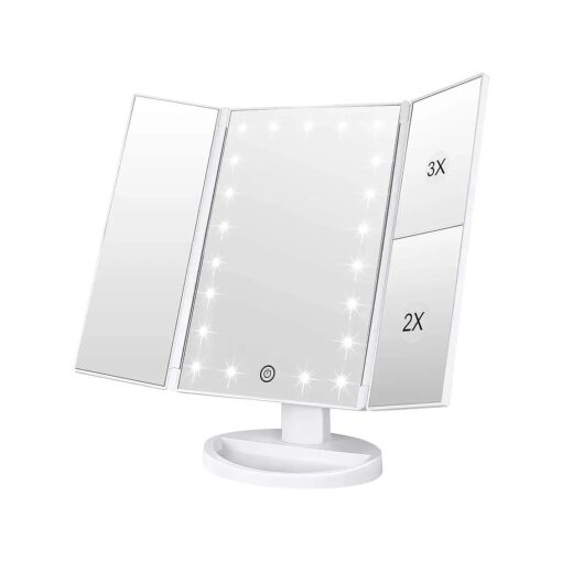 Tabletop Mount Makeup Mirror with 21 LED Lights, Two Power Supply, Touch Screen and 1x/2x/3x Magnification Tri-Fold Vanity Mirror, Gift for Women ( White )