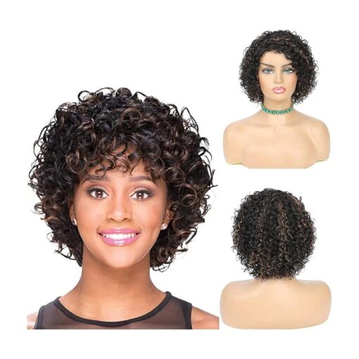 Short Curly Human Hair Wigs for Black Women, 8 Inch Black mixed Brown Short Curly Wig Brazilian Human Hair Wig, Deep Wave Side Part Pixie Cut Glueless Wigs, Afro Kinky Bob Wig for Women ( 1B/30