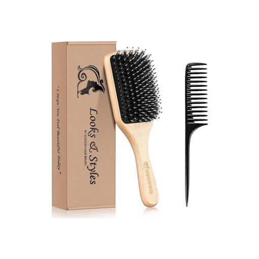 Hair Brush, Sosoon Boar Bristle Paddle Hairbrush for Long Short Thick Thin Curly Straight Wavy Dry Hair for Men Women Kids, No More Tangle, Giftbox & Tail Comb Included