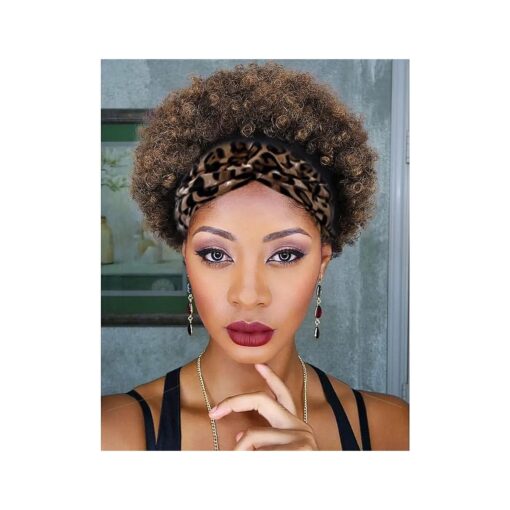 Quantum Love Short Human Hair Wigs Afro Curly Human Hair Headband Wig for Black Women Afro Puff Ombre Brown Headband Glueless Human Hair Wigs