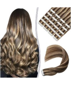 Tape in Hair Extensions Human Hair Chocolate Brown with Caramel Blonde Hair Extensions Tape in Real Human Hair Tape Ins Extensions 18Inch 20Pieces 50Gram ( tape # 4p27 18inch )