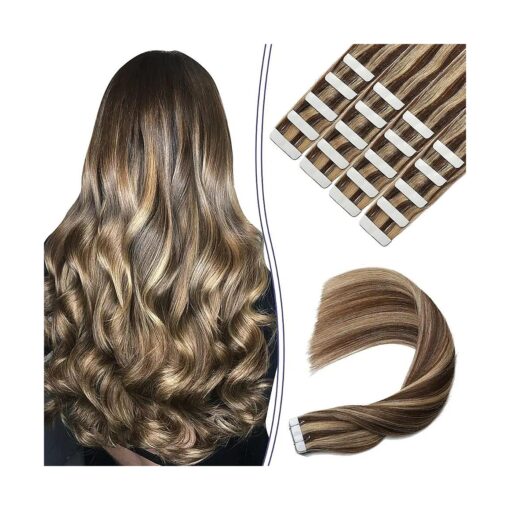 Tape in Hair Extensions Human Hair Chocolate Brown with Caramel Blonde Hair Extensions Tape in Real Human Hair Tape Ins Extensions 18Inch 20Pieces 50Gram ( tape # 4p27 18inch )