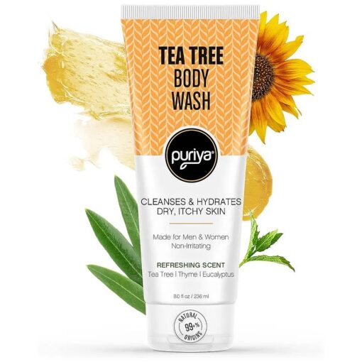 Puriya Tea Tree Body Wash, Use with Jock Itch, Athletes Foot, Body Back Acne Treatment, Moisturizing Natural Body Wash for Men, Women, Dry Skin, Eucalyptus, Mint Oil Shower Gel Soap