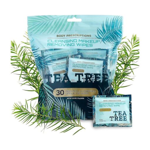 Body Prescriptions Tea Tree Cleansing Makeup Removing Wipes - 30 Individually Wrapped Single Use Wipes for Hydrating, Nourishing, and Calming Skincare - Infused with Moisturizing Goodness ( 7.5g Each )