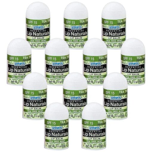 Lip Naturals ( r ) | Mini Tea Tree Balm with Sunscreen ( SPF-15 ) | Made in USA with Coconut Oil, Tea Tree Oil, and Peppermint Oil | 12-Count Mini Lip Balm Pack with Tea Tree Mint Flavor ( 0.10oz/3g Each )