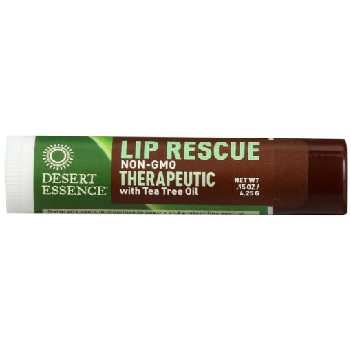 Desert Essence, Theraputic Tea Tree Oil Lip Rescue 0.35 oz, - Gluten Free - Vegan - Cruelty Free - Tea Tree Oil, Aloe & Vitamin E - Relieves Dry Cracked Lips While Cooling