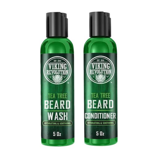 Viking Revolution Tea Tree Oil Beard Wash and Beard Conditioner For Men - Natural Beard Softener Set with Argan Oil, Vitamin E and Ginseng - Tea Tree Beard Shampoo and Conditioner Set ( 5 Oz )